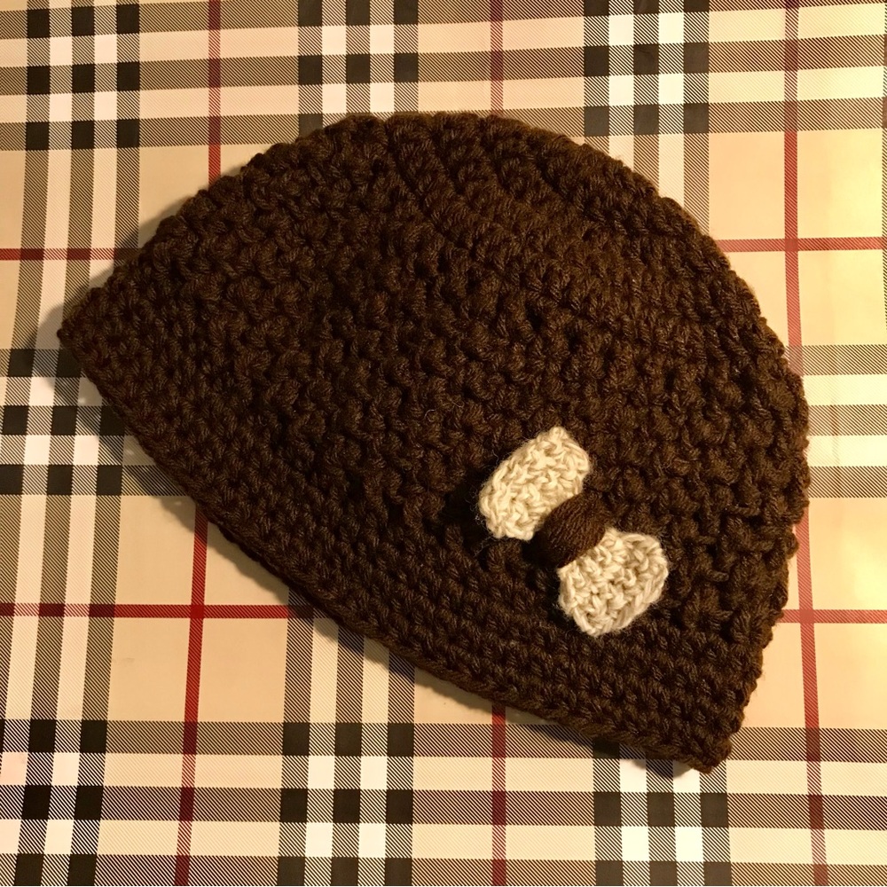 Brown Crochet Adult Size Beanie with Cream Bow
